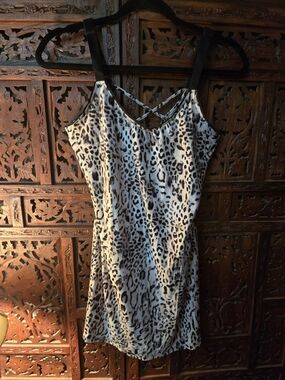 Leopard Print Nightgown with Crisscross Straps - Black and White